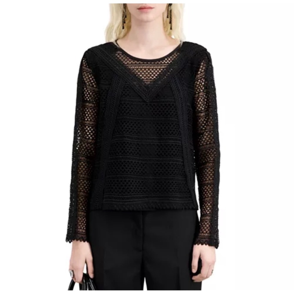 NWT The Kooples Sexy Black Lace V Neck Long Sleeve Top Size‎ 2 $315 Designer
